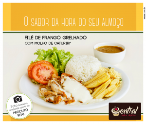 Almoço é na Central Pratos Rápidos. Filé de frango grelhado com molho de catupiry é um dos nossos pratos irresistíveis. Ele vem acompanhado de arroz, feijão mineiro, farofa, fritas alface e tomate. Combina com bombom de damasco e bombom de coco com brigadeiro. Experimente!