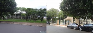 Foto antes e depois da reforma. Grades hoje cercam a praça